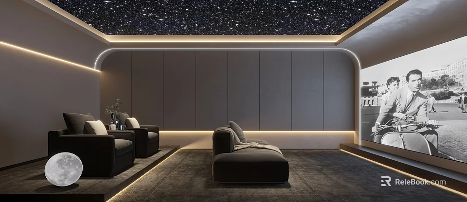 Modern Home Theater Interior Design With Starry Ceiling Comfortable Sofas Dark Walls And Ambient Lighting 3d model 
