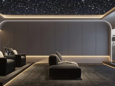 Modern Home Theater Interior Design With Starry Ceiling Comfortable Sofas Dark Walls And Ambient Lighting 3d model