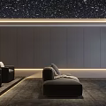 Modern Home Theater Interior Design With Starry Ceiling Comfortable Sofas Dark Walls And Ambient Lighting
