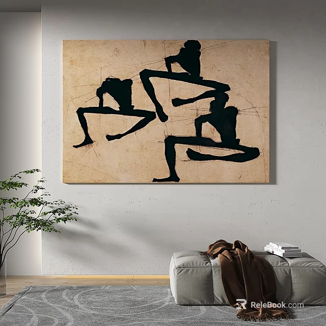 Abstract Wall Art With Black Figure Silhouettes And Beige Background In Modern Interior 3d model 