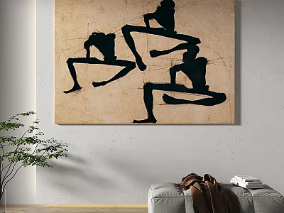 Abstract Wall Art With Black Figure Silhouettes And Beige Background In Modern Interior 3d model