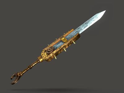 Ornate Golden Hilt Sword With Metallic Blade And Intricate Mechanical Details 3d model