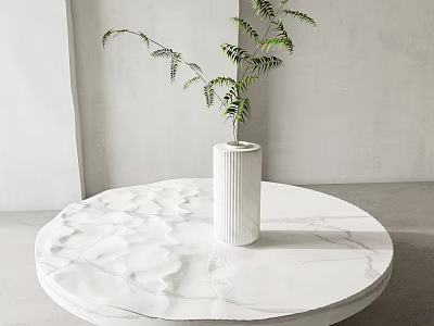 Round White Marble Coffee Table with White Vase and Green Plant in Modern Minimalist Interior 3d model