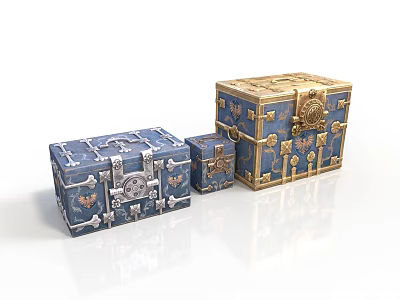Blue And Gold Decorative Chests In Different Sizes With Elaborate Patterns And Metal Accents 3d model