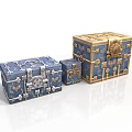 Blue And Gold Decorative Chests In Different Sizes With Elaborate Patterns And Metal Accents