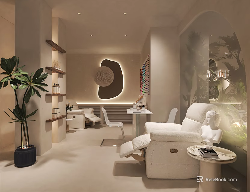 Modern Minimalist Nail Salon Interior With Comfortable White Reclining Chairs Green Plants And Shelves 3d model 