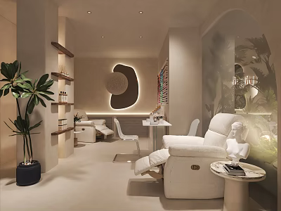 Modern Minimalist Nail Salon Interior With Comfortable White Reclining Chairs Green Plants And Shelves 3d model