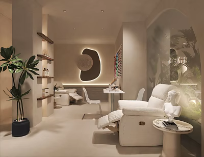 Modern Minimalist Nail Salon Interior With Comfortable White Reclining Chairs Green Plants And Shelves 3d model