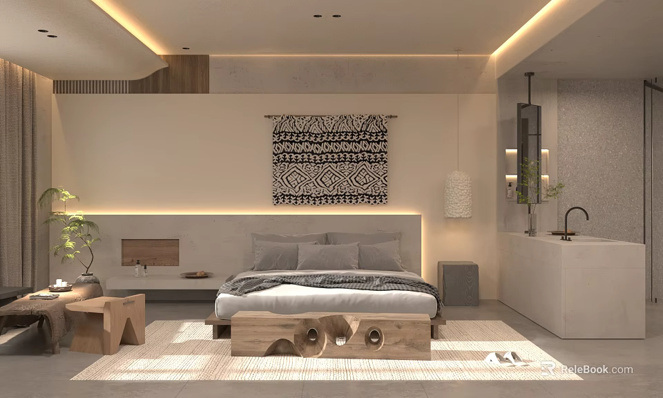 Hotel Guest Room Minimalist Interior With Wooden Bed Geometric Wall Hanging And Ambient Lighting 3d model 