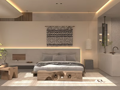 Hotel Guest Room Minimalist Interior With Wooden Bed Geometric Wall Hanging And Ambient Lighting 3d model