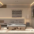 Hotel Guest Room Minimalist Interior With Wooden Bed Geometric Wall Hanging And Ambient Lighting
