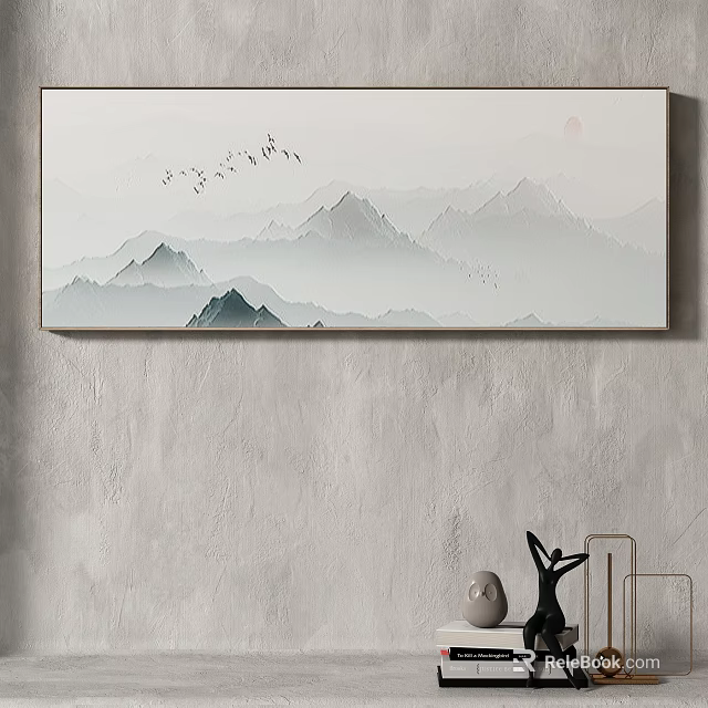 Ink Wash Landscape Painting with Misty Mountains Flying Birds and Red Sun 3d model 