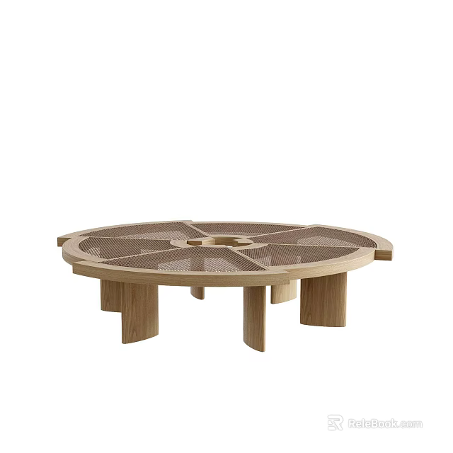 Round Modern Wooden Coffee Table with Woven Mesh Design for Stylish Living Room 3d model 