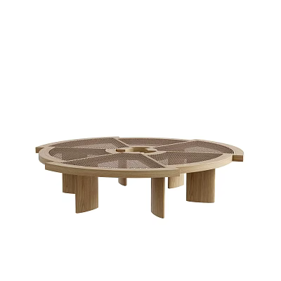 Round Modern Wooden Coffee Table with Woven Mesh Design for Stylish Living Room 3d model