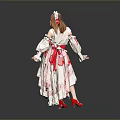 Elegant Woman in White Red Lace Dress With Red Hair Accessory And Red Shoes