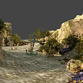 Realistic Micro Terrain Model With Sand Rocks Ship And Lighthouse Elements
