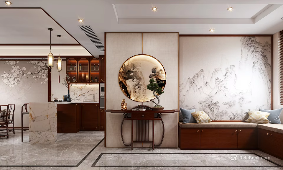 Chinese Style Foyer Hallway With Circular Mirror Landscape Painting Console Table And Green Plant Decor 3d model 