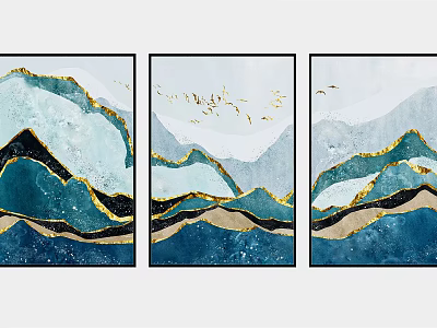 Triptych Wall Art With Blue White Mountain Ranges Golden Lines And Flying Birds 3d model