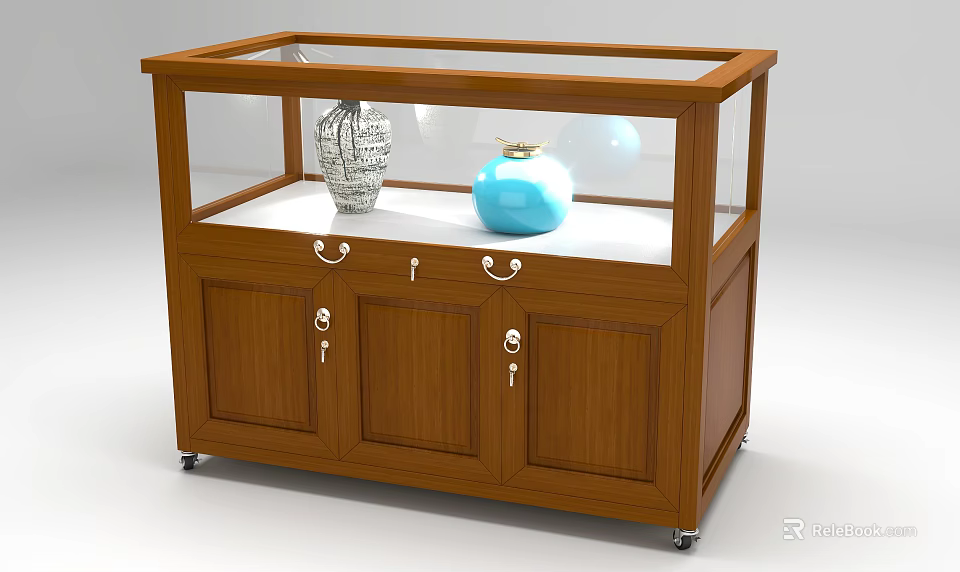 Wooden Display Cabinet With Glass Top Lockable Doors And Decorative Vases On Wheels 3d model 