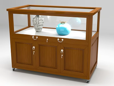 Wooden Display Cabinet With Glass Top Lockable Doors And Decorative Vases On Wheels 3d model