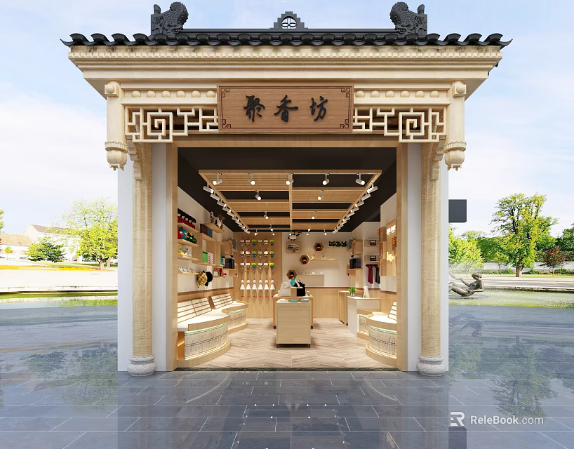 Chinese Style Storefront With Traditional Carved Decorations Plaque Open Entrance And Shelves Counter 3d model 