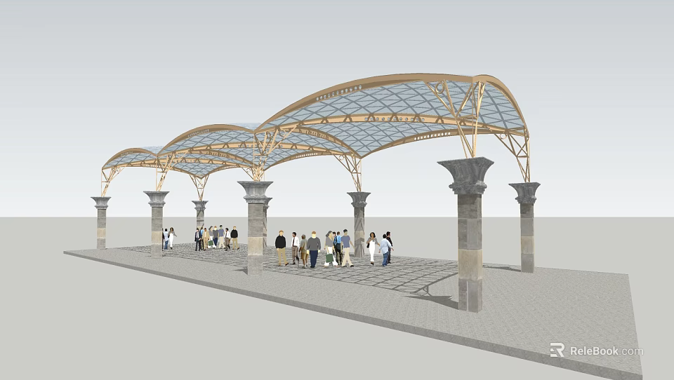 Modern Curved Tensile Membrane Structure With Stone Columns And People Below 3d model 