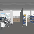 Modern Office Workspace With Desks Computers Chairs Blueprints Windows And Lighting 3d model