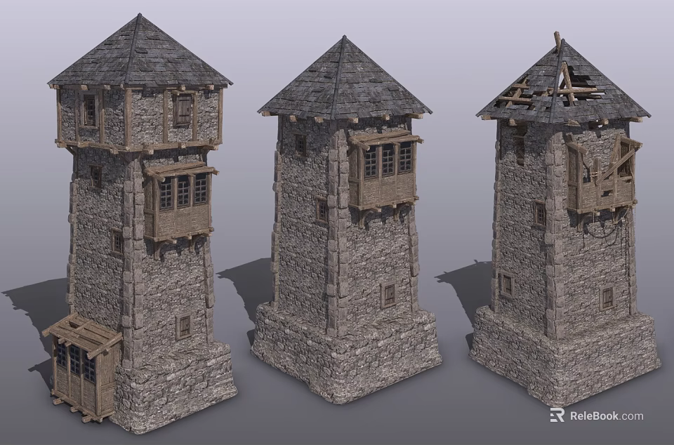 Medieval Stone Towers With Wooden Elements And Broken Roof Architectural Designs 3d model 