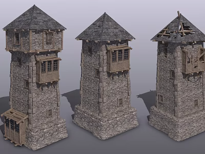 Medieval Stone Towers With Wooden Elements And Broken Roof Architectural Designs 3d model