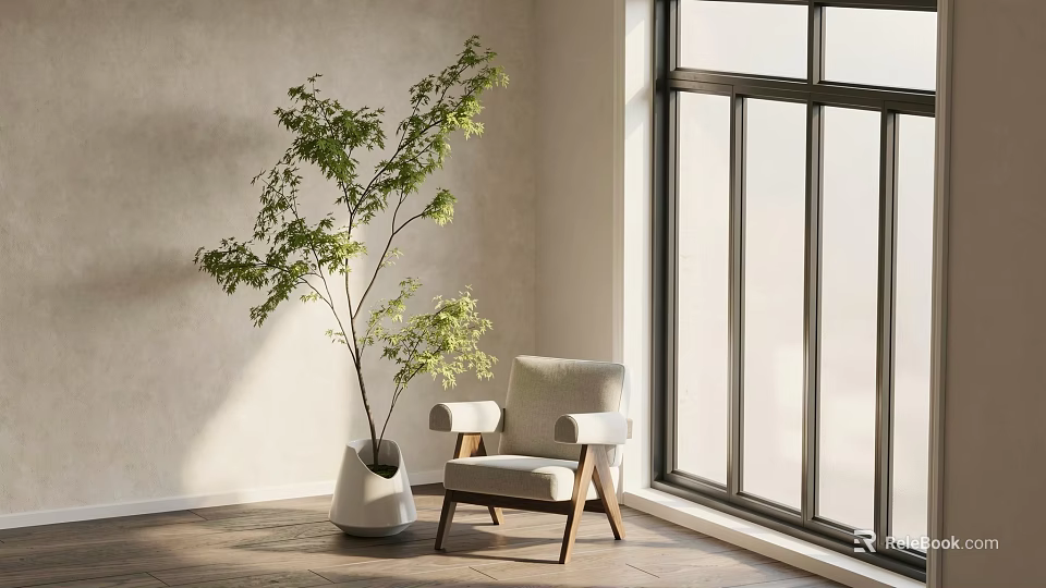 Modern Leisure Chair with Natural Light and Green Plant by Large Window 3d model 