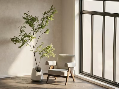 Modern Leisure Chair with Natural Light and Green Plant by Large Window 3d model
