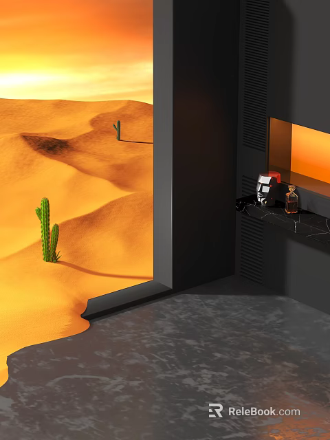 Desert Themed Indoor Decor With Cactus Black Shelf And Warm Orange Light 3d model 