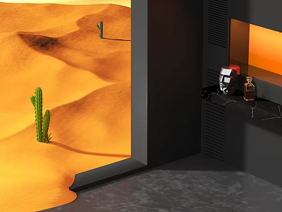 Desert Themed Indoor Decor With Cactus Black Shelf And Warm Orange Light 3d model