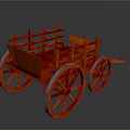 Red Wooden Wagon With Four Spoked Wheels And Open Wooden Rails