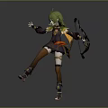 Green Haired Archer Character With Small Animal Pendant And Bow In Dark Golden Trimmed Outfit