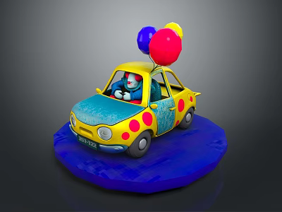 Colorful Toy Car With Yellow Polka Dots Red Blue Balloons Cartoon Character And Blue Base 3d model