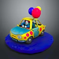 Colorful Toy Car With Yellow Polka Dots Red Blue Balloons Cartoon Character And Blue Base