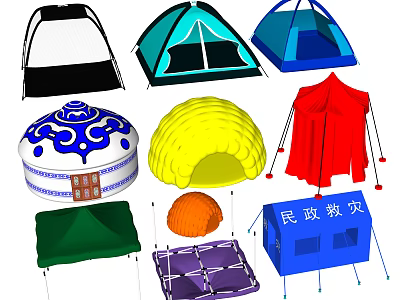 Different Types of Tents with Colorful Dome Windows and Traditional Designs for Camping and Relief 3d model