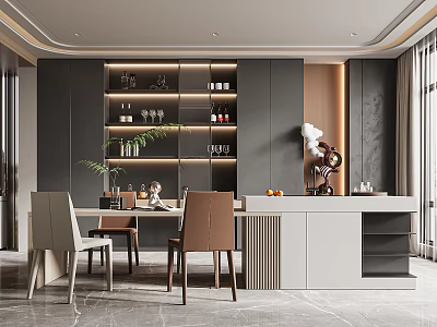 Modern Restaurant Interior With Dining Table Chairs Wine Cabinet And Decorative Lighting 3d model