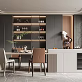 Modern Restaurant Interior With Dining Table Chairs Wine Cabinet And Decorative Lighting