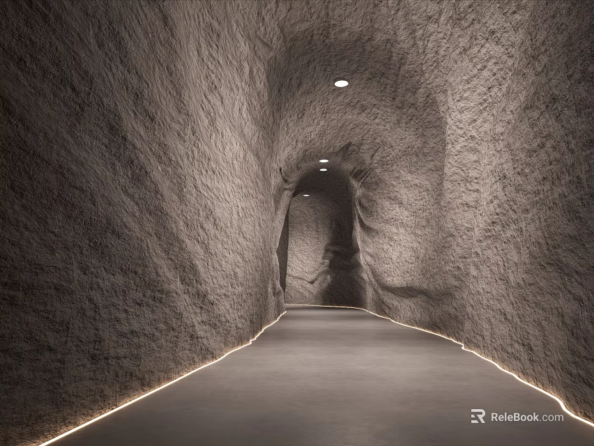 Stone And Wood Tunnel Interior With Textured Walls Smooth Floor And Strip Lighting 3d model 