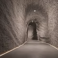 Stone And Wood Tunnel Interior With Textured Walls Smooth Floor And Strip Lighting
