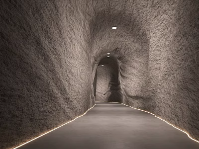 Stone And Wood Tunnel Interior With Textured Walls Smooth Floor And Strip Lighting 3d model