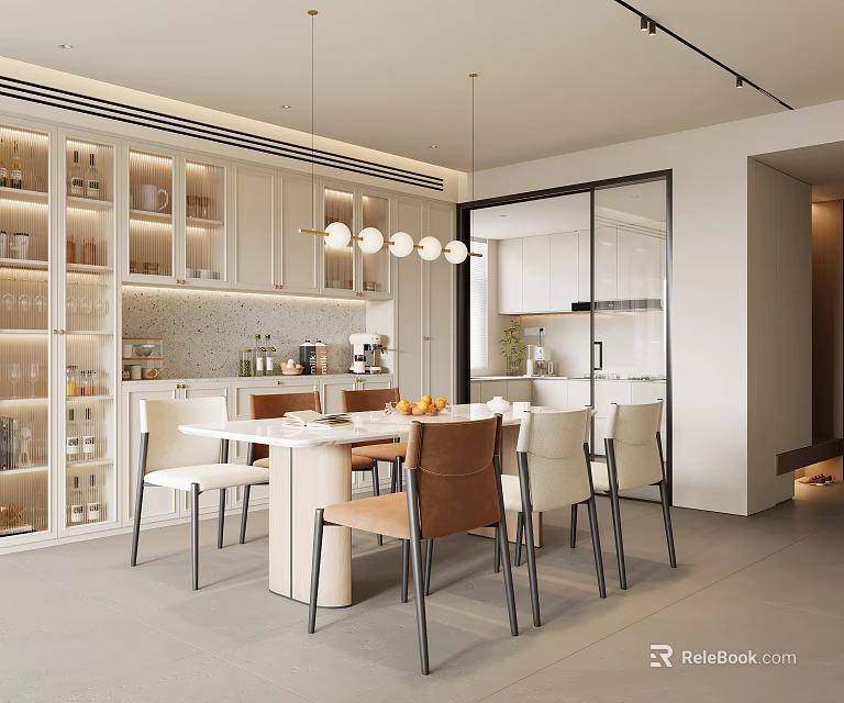 Modern Dining Room With Round Table White Brown Chairs Pendant Lights And Glass Cabinets 3d model 