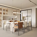 Modern Dining Room With Round Table White Brown Chairs Pendant Lights And Glass Cabinets
