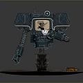 Robot Character And Mechanical Creature On Rocky Platform With Metal Arm Wheel And Orange Tool