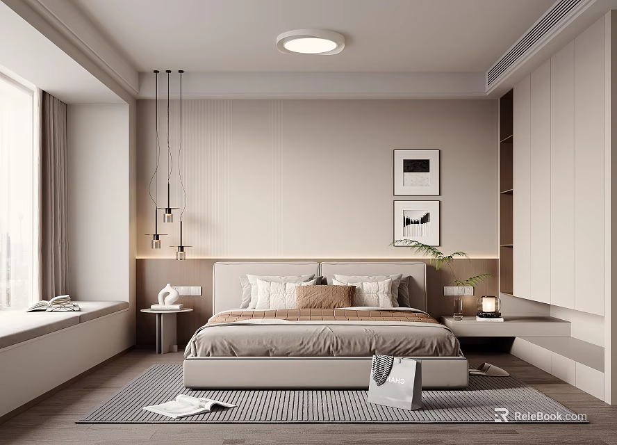 Modern Bedroom Interior With Large Bed Hanging Lamps Wall Art Window Bench Beige Gray Carpet 3d model 