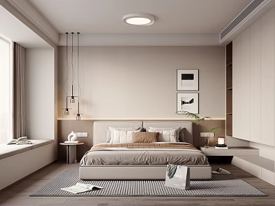 Modern Bedroom Interior With Large Bed Hanging Lamps Wall Art Window Bench Beige Gray Carpet 3d model