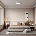 Modern Bedroom Interior With Large Bed Hanging Lamps Wall Art Window Bench Beige Gray Carpet