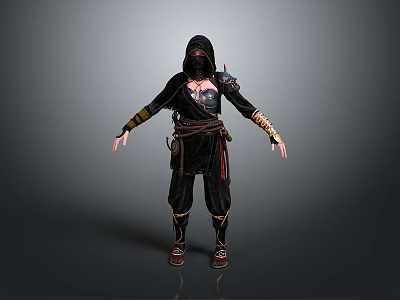 Woman In Black Hooded Warrior Outfit With Arm Straps And Waist Belt Details 3d model